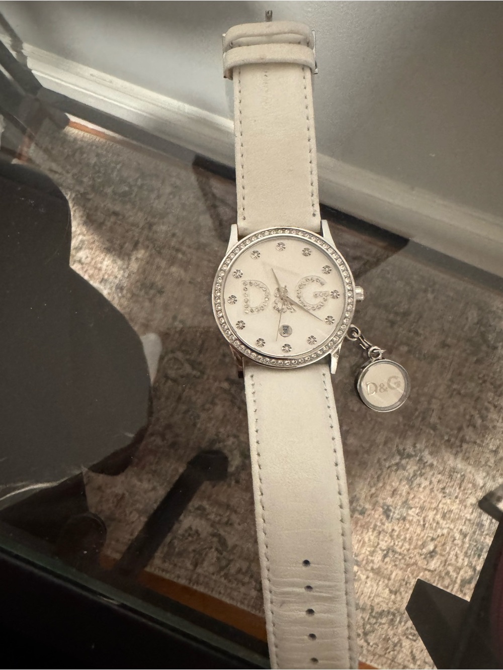 D&G White Leather Strap Women's Watch with Crystal Dial and Charm